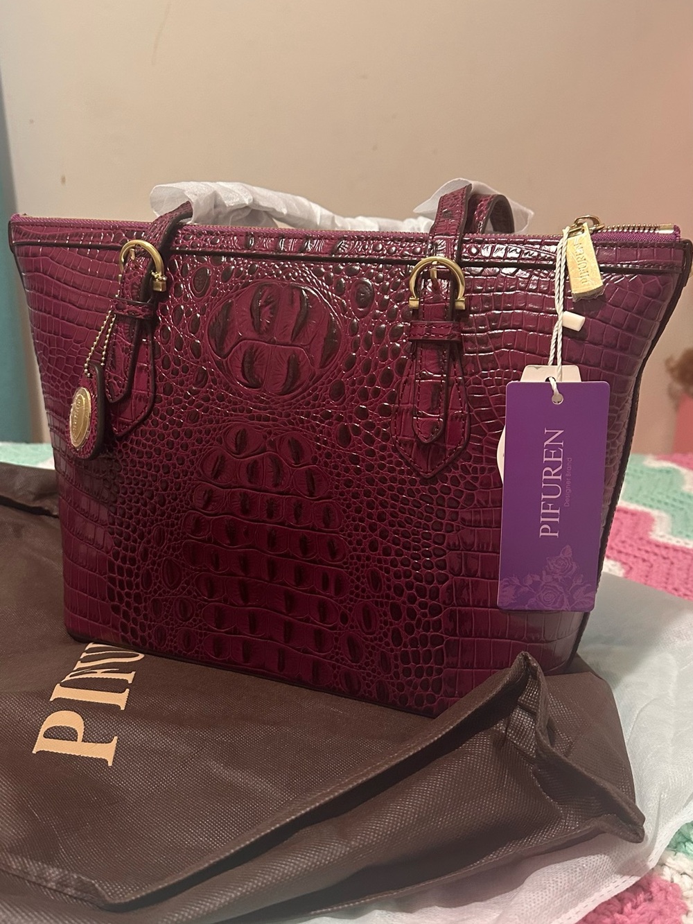 Pifuren branded leather Croc-Embossed Tote Bag - Women